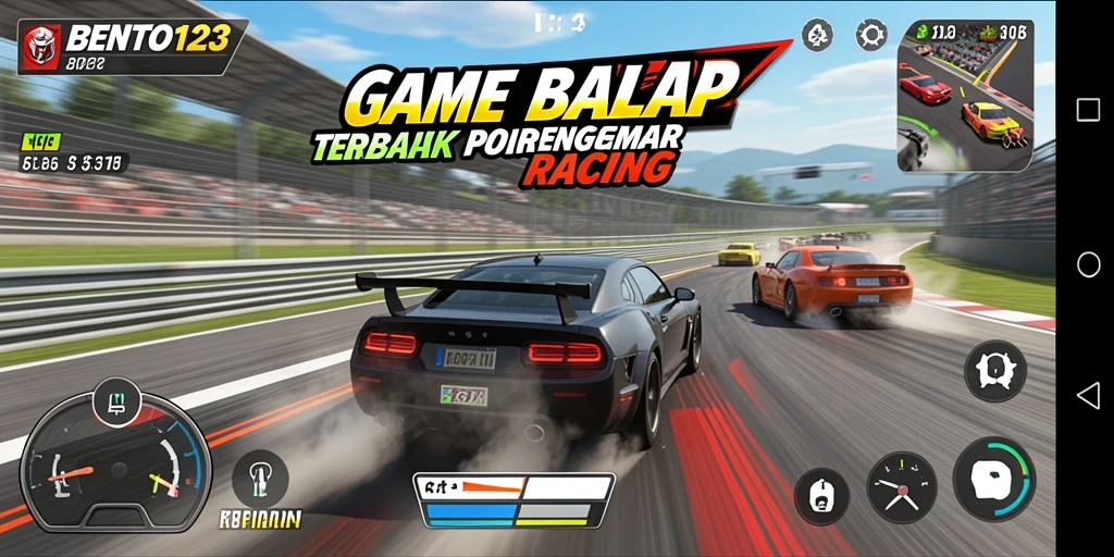 Tampilan gameplay BENTO123 dengan mobil melaju kencang di trek balap.