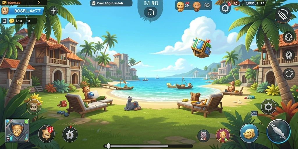 Tampilan gameplay BOSPLAY77 yang ceria dan menarik.