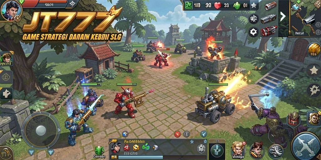 Tangkapan layar dari gameplay JT777 yang menampilkan pertempuran strategis.