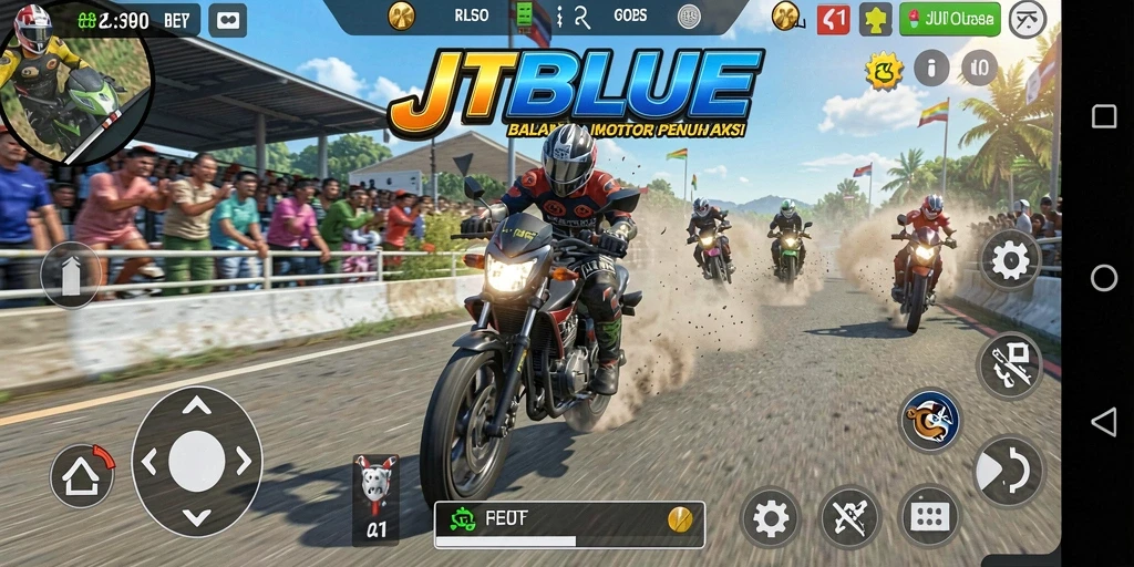 Screenshot JTBLUE menampilkan aksi balapan motor yang mendebarkan.