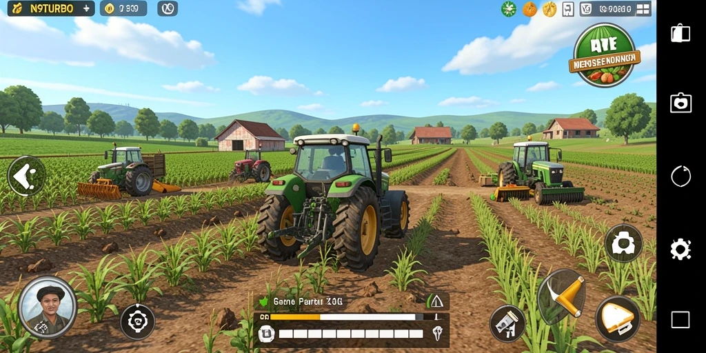 Screenshot gameplay N9TURBO menampilkan aktivitas bertani yang interaktif.