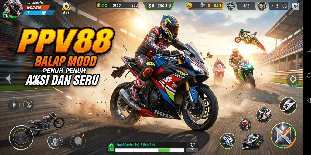 Tampilan gameplay PPV88 yang mengesankan saat balapan motor.